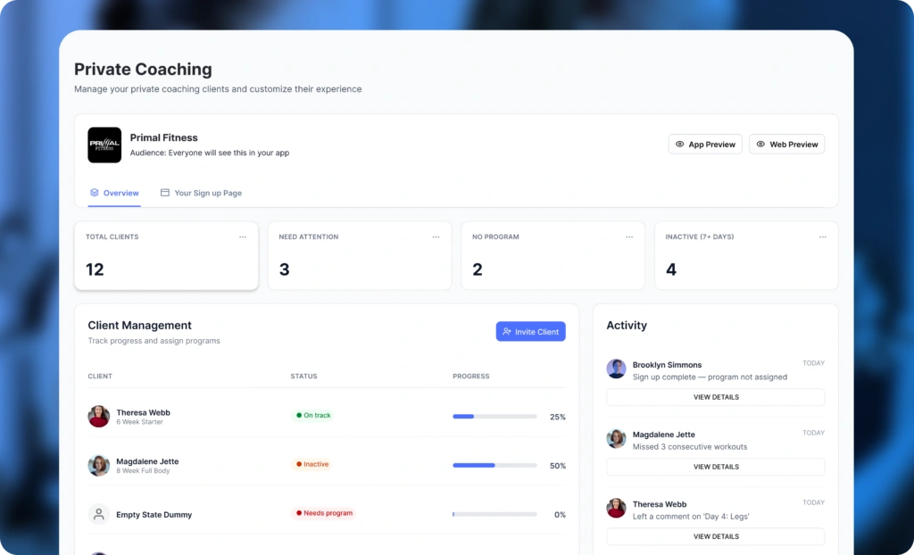 Personal Trainer Dashboard Software