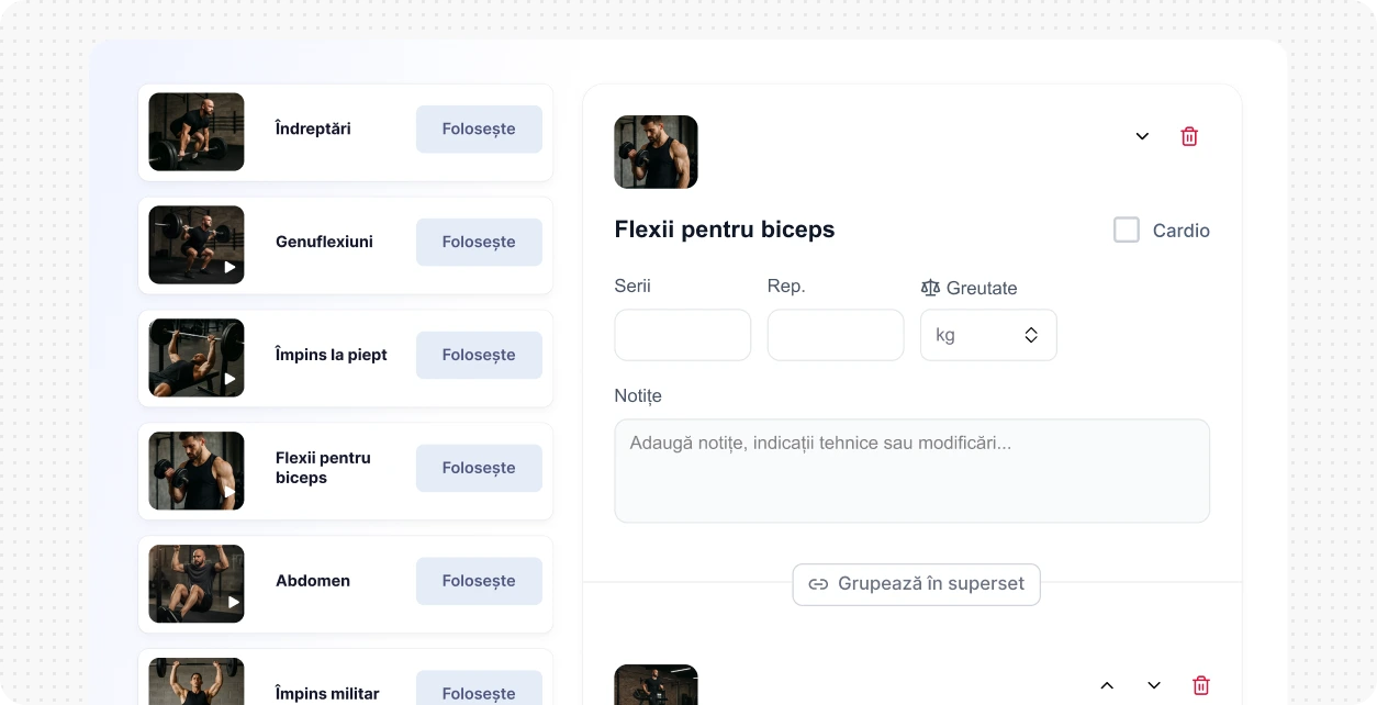 Bibliotecă de exerciții pentru antrenori personali