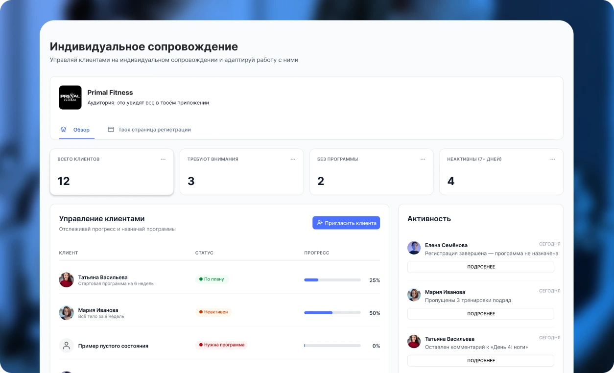 Программа с панелью управления для персональных тренеров